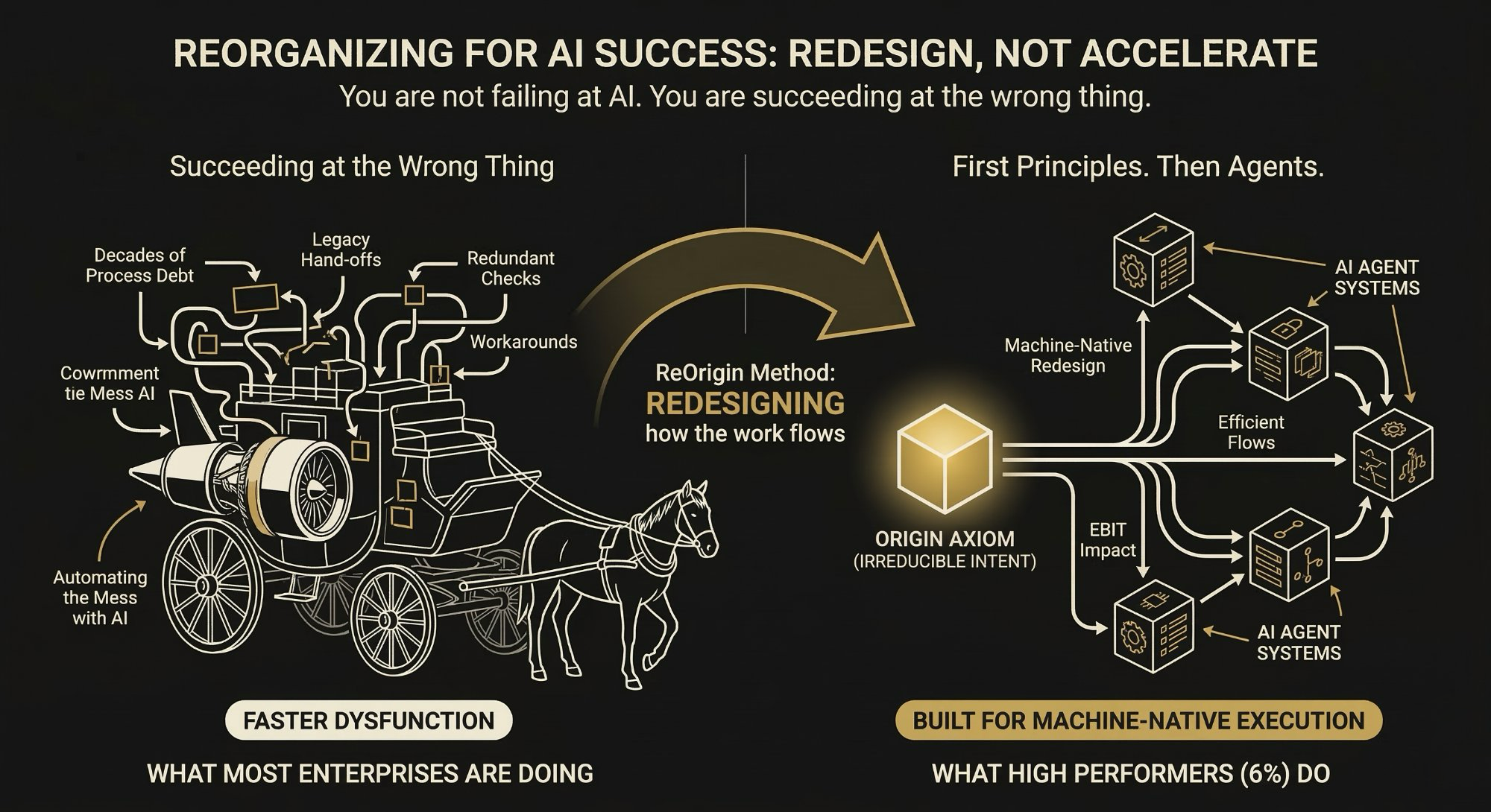 Reorganizing for AI success: redesign, not accelerate — contrasting faster dysfunction versus machine-native execution